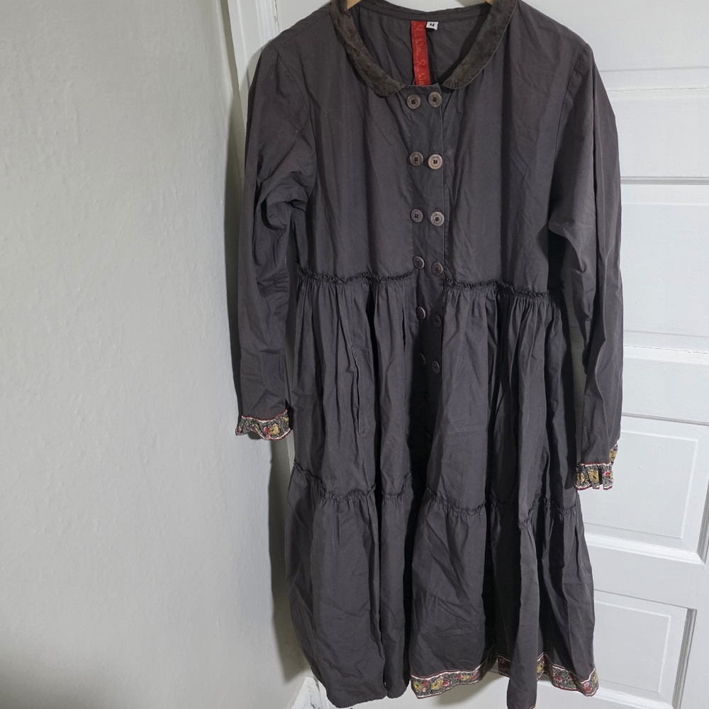 EWA I Walla Dress Cotton Grey Longsleeve Medium Floral Accent On Hem